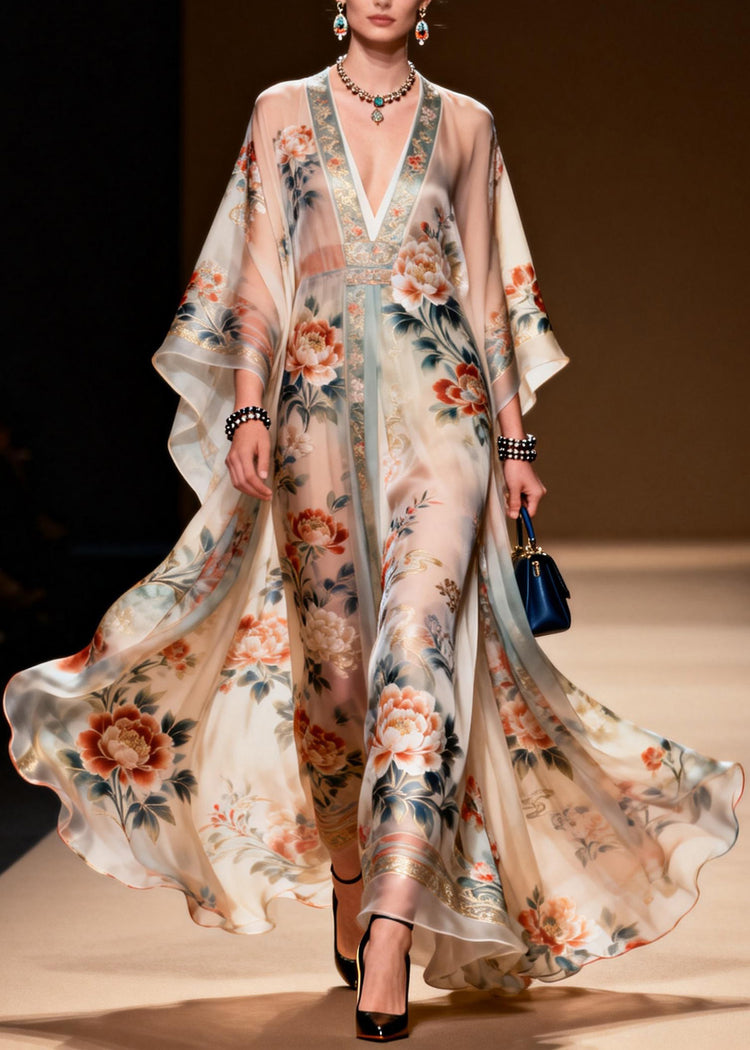 Classy V Neck Print Chiffon Long Dress Spring - Omychic