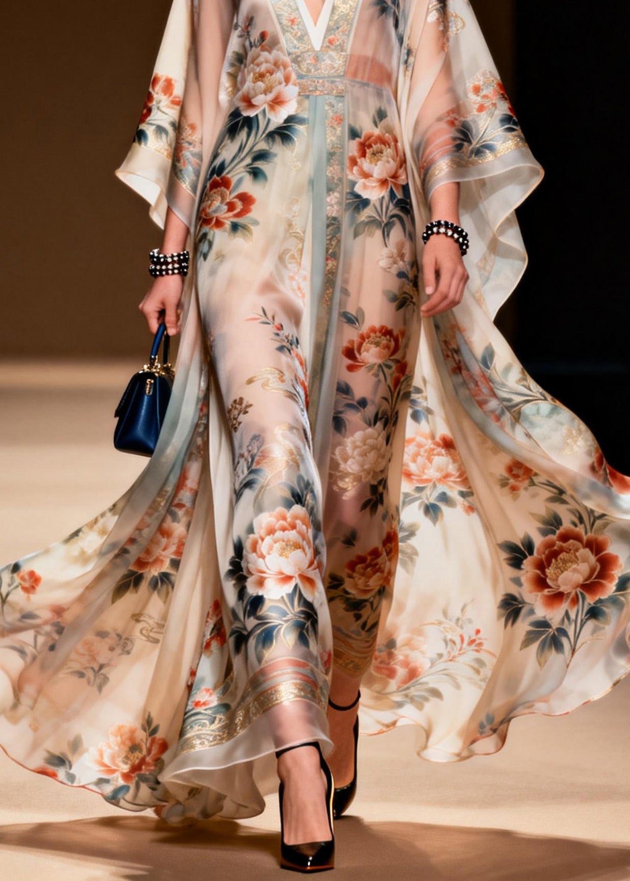 Classy V Neck Print Chiffon Long Dress Spring - Omychic