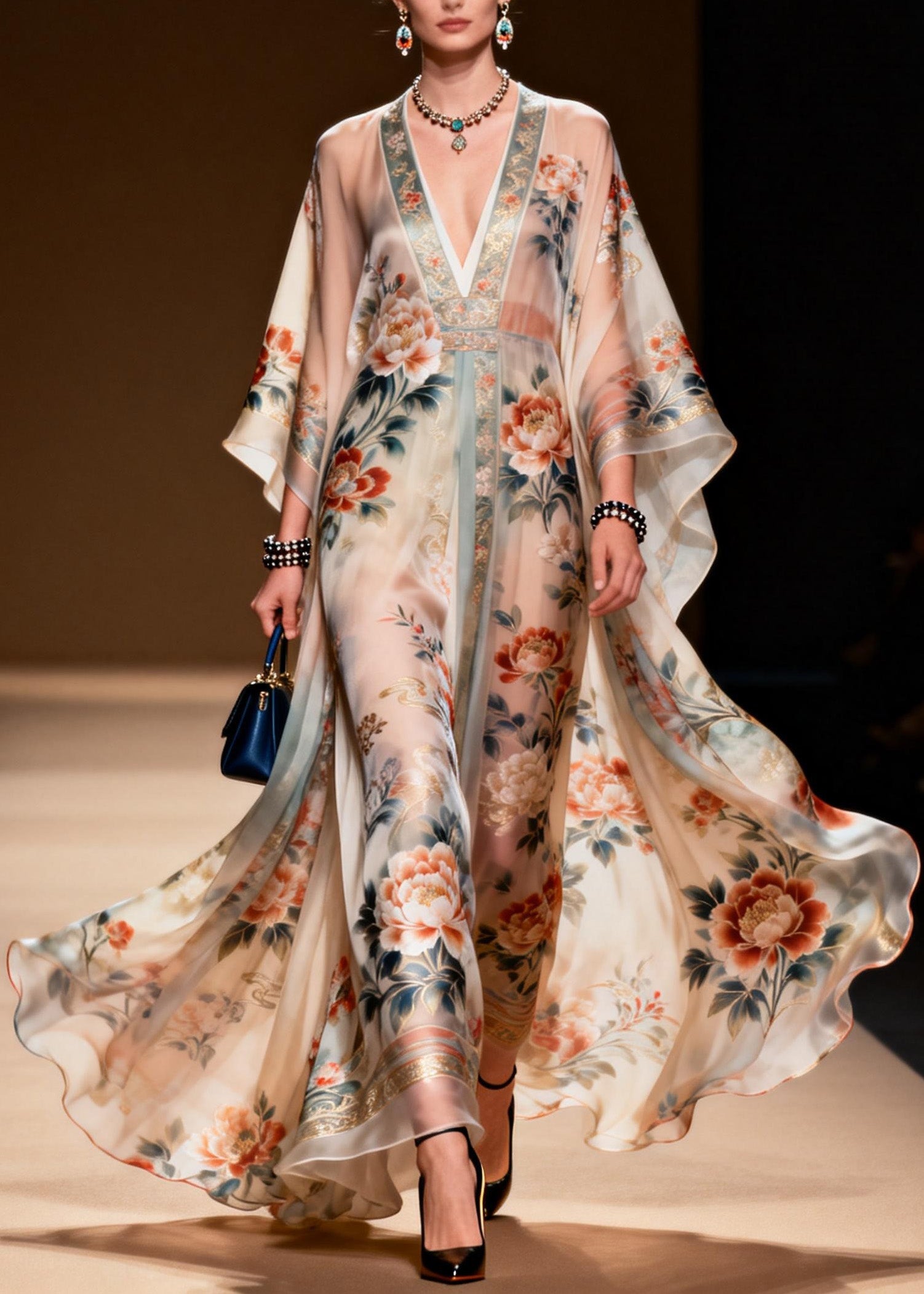 Classy V Neck Print Chiffon Long Dress Spring - Omychic