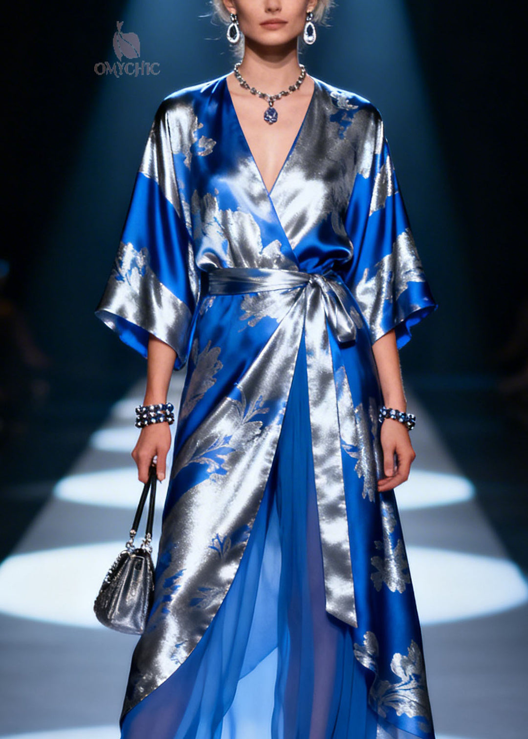 Classy V Neck Print Patchwork Lace Up Chiffon Dresses Summer