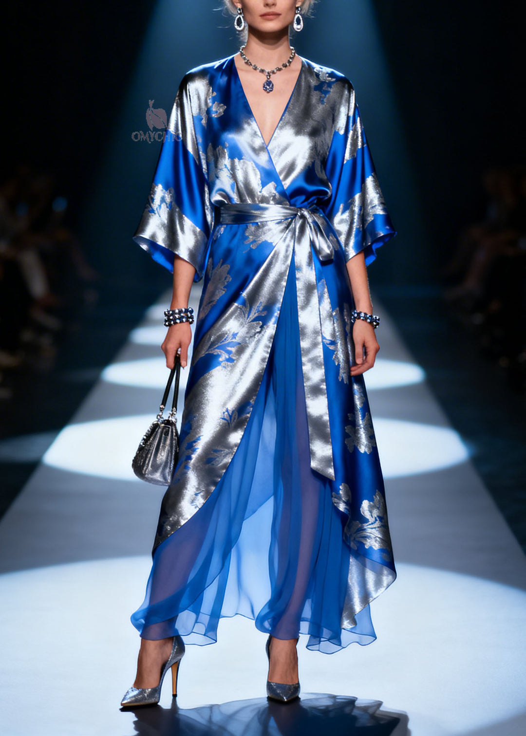 Classy V Neck Print Patchwork Lace Up Chiffon Dresses Summer