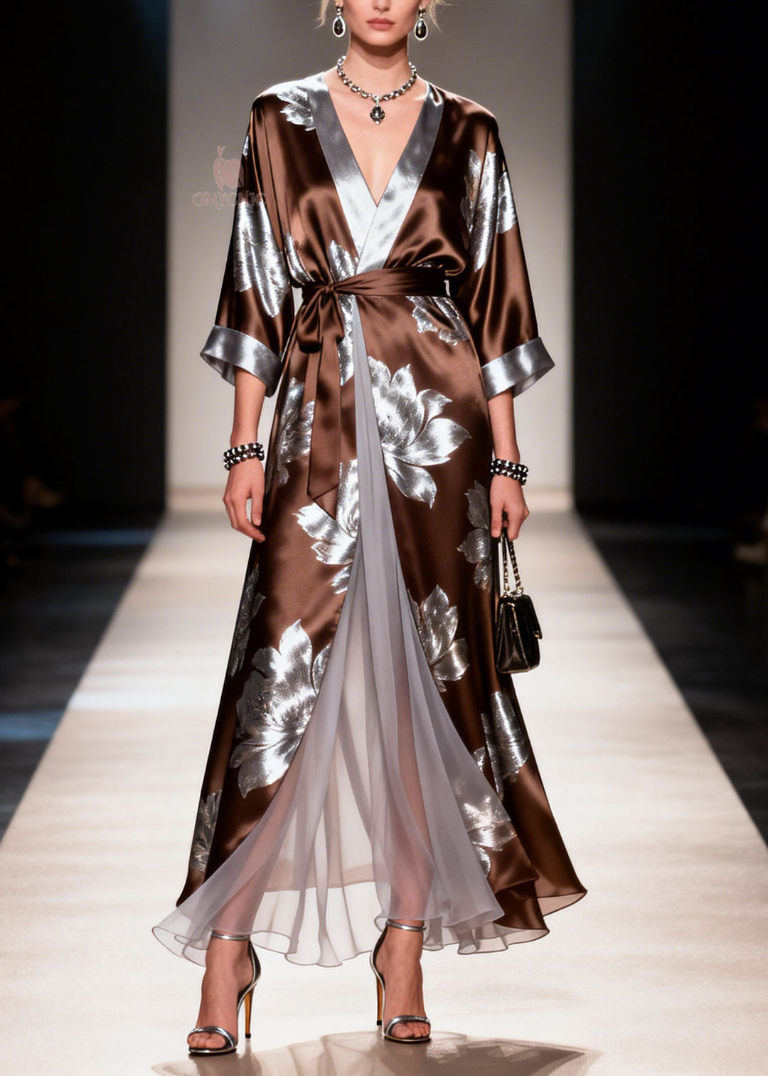 Classy V Neck Print Patchwork Lace Up Silk Dresses Summer