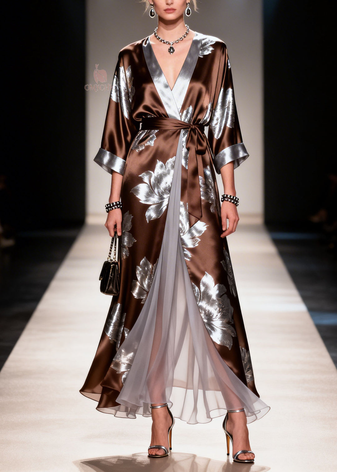 Classy V Neck Print Patchwork Lace Up Silk Dresses Summer