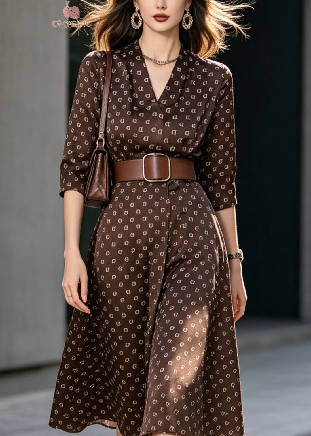 Classy V Neck Print Sashes Silk Long Dress Summer