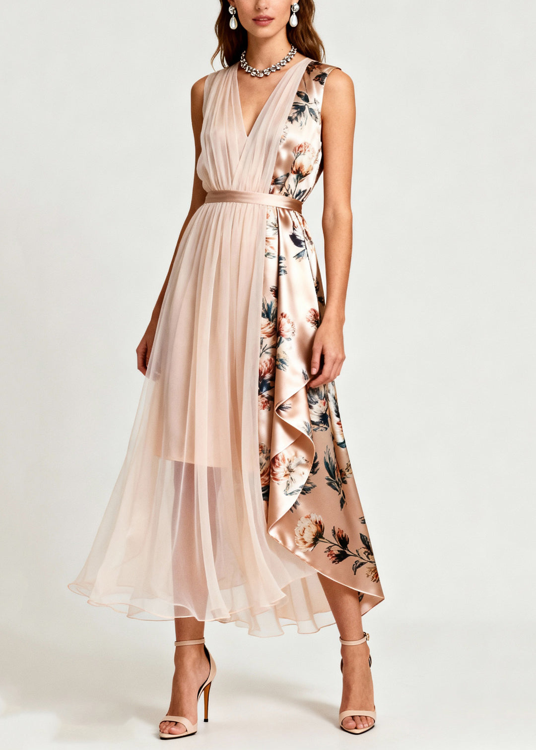 Classy V Neck Print Tulle Patchwork Chiffon Dress Sleeveless