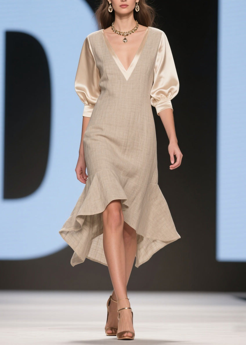 Classy V Neck Ruffled Patchwork Linen Silk Dress Summer