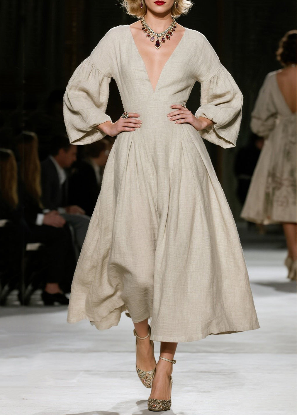 Classy V Neck Wrinkled Patchwork Cotton Dress Fall