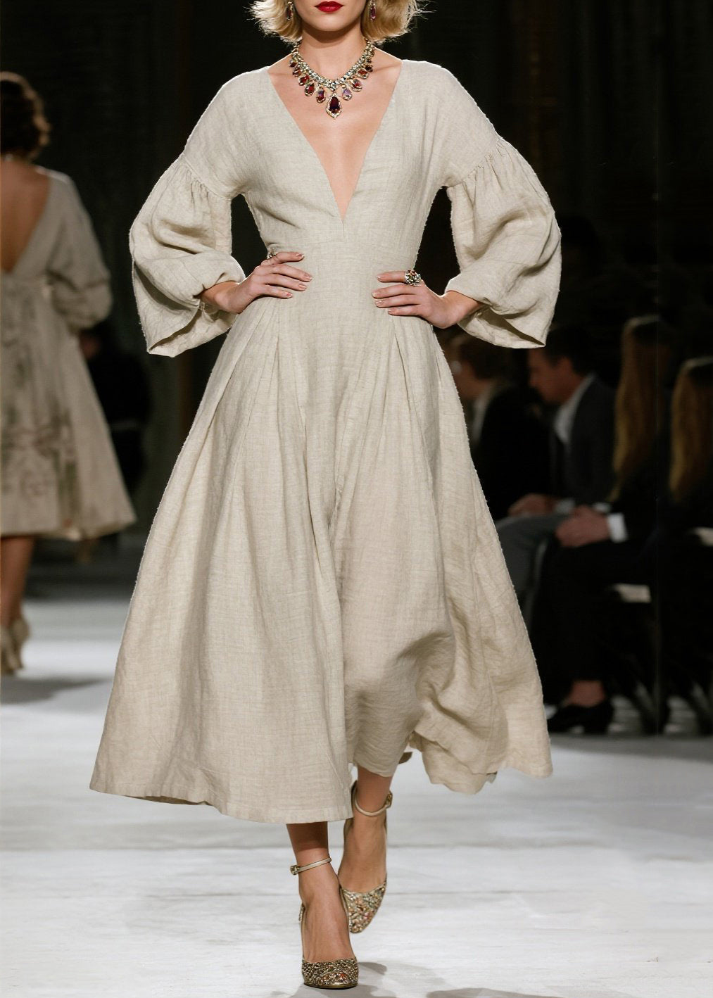 Classy V Neck Wrinkled Patchwork Cotton Dress Fall