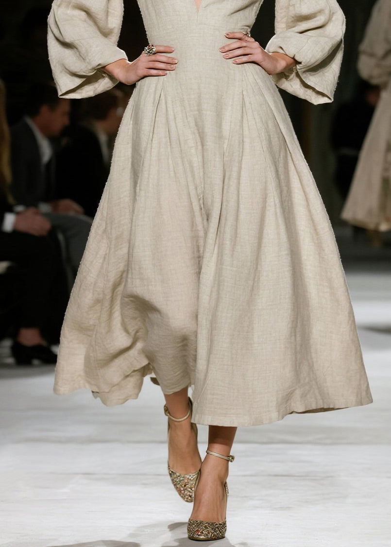 Classy V Neck Wrinkled Patchwork Cotton Dress Fall