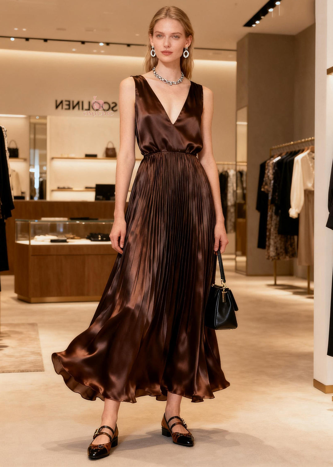 Classy V Neck Wrinkled Patchwork Silk Long Dresses Sleeveless