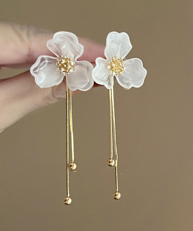 Classy White Acrylic Alloy Floral Tassel Drop Earrings