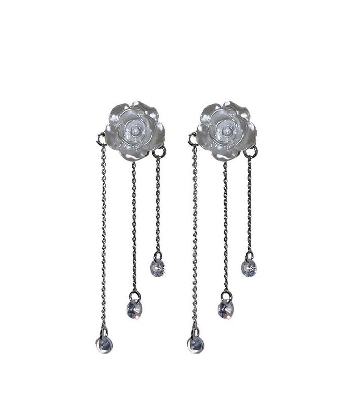 Classy White Alloy Crystal Camellia Tassel Drop Earrings