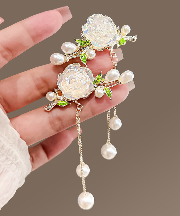 Classy White Alloy Pearl Colored Glaze Camellia Tassel Hairpin