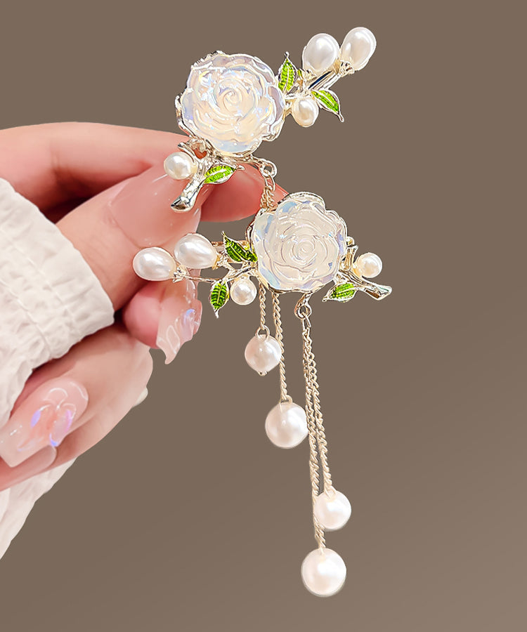 Classy White Alloy Pearl Colored Glaze Camellia Tassel Hairpin