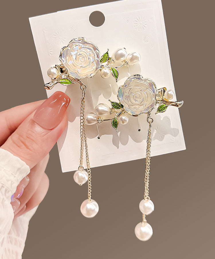 Classy White Alloy Pearl Colored Glaze Camellia Tassel Hairpin