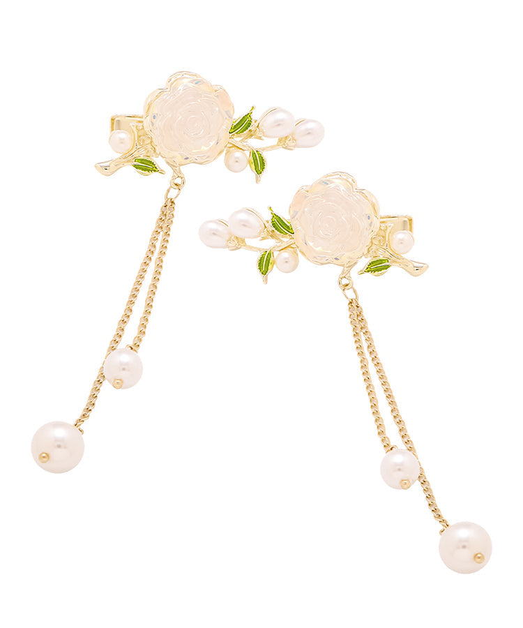 Classy White Alloy Pearl Colored Glaze Camellia Tassel Hairpin