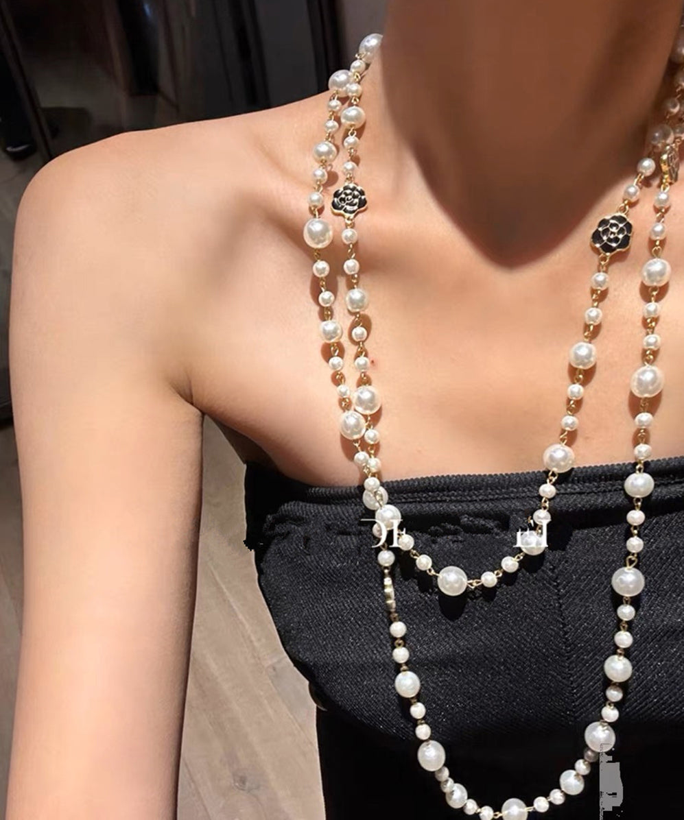 Classy White Alloy Pearl Floral Beading Sweaters Gratuated Bead Necklace