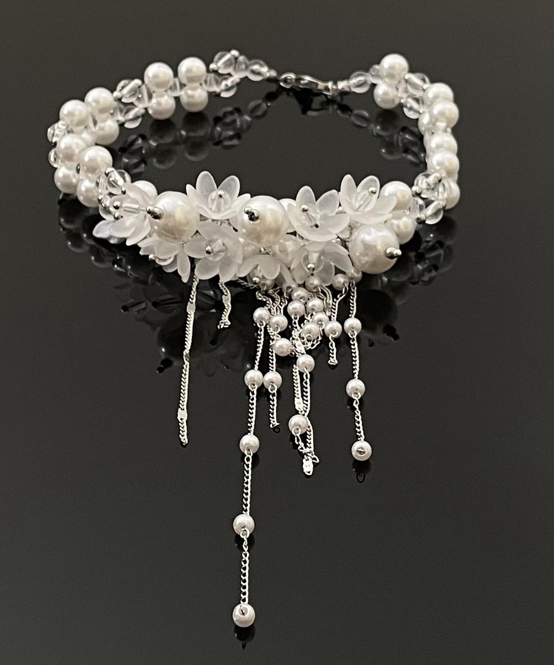 Classy White Alloy Pearl Floral Beading Tassel Lariat Necklace