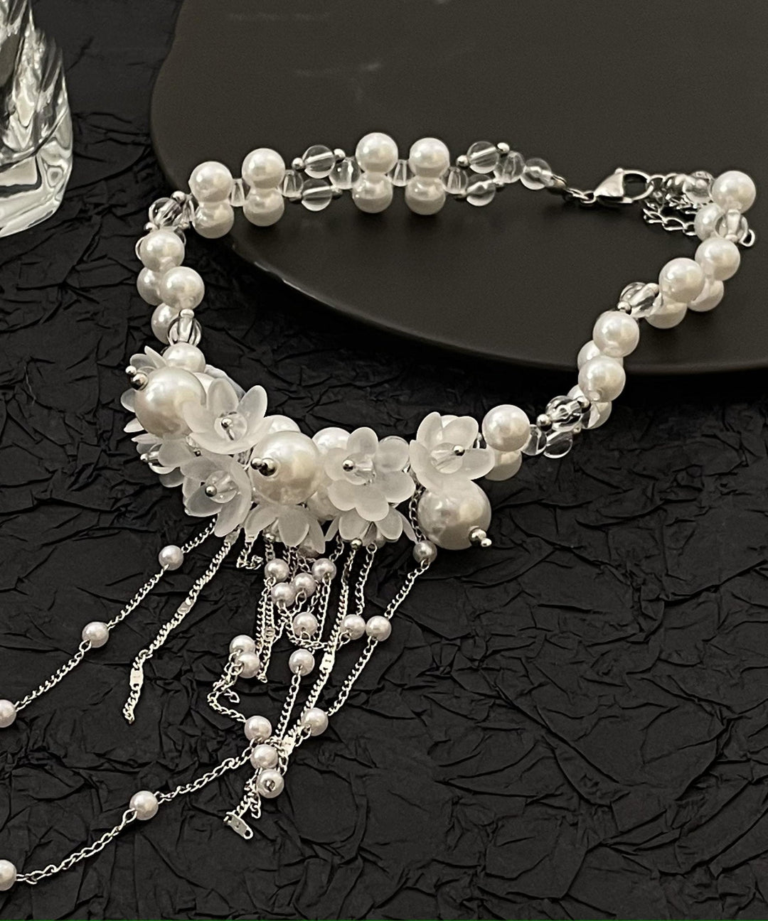 Classy White Alloy Pearl Floral Beading Tassel Lariat Necklace