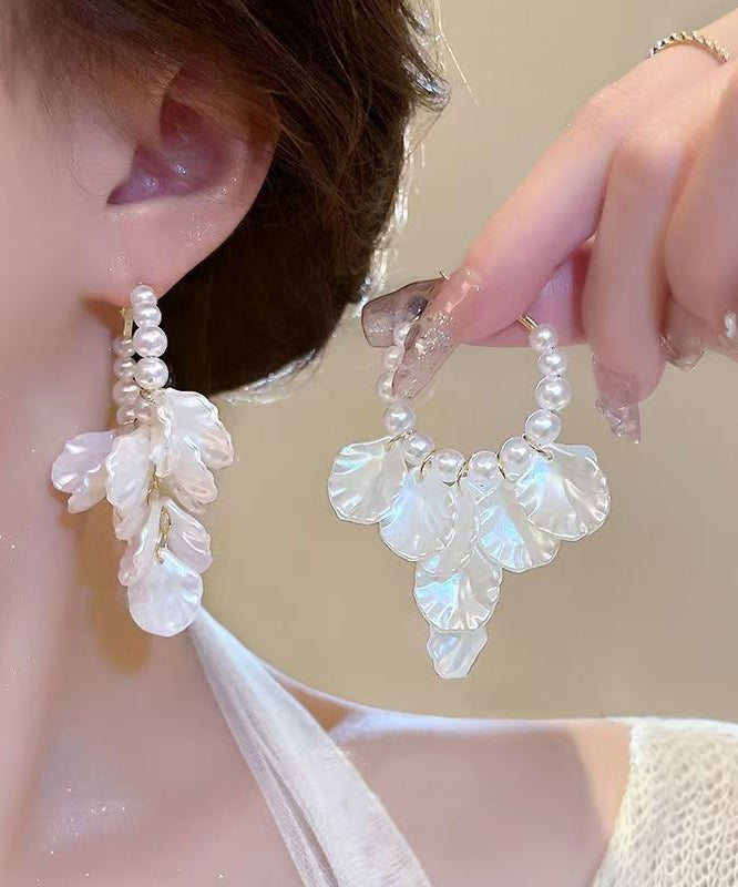 Classy White Alloy Pearl Resin Shell Floral Hoop Earrings