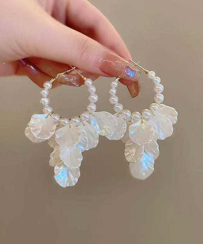 Classy White Alloy Pearl Resin Shell Floral Hoop Earrings