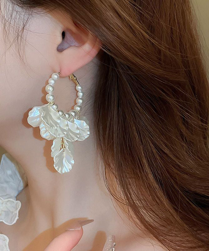 Classy White Alloy Pearl Resin Shell Floral Hoop Earrings
