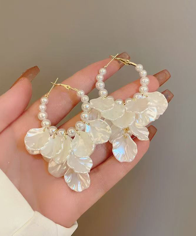 Classy White Alloy Pearl Resin Shell Floral Hoop Earrings