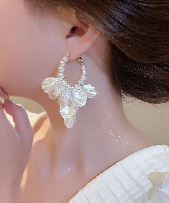 Classy White Alloy Pearl Resin Shell Floral Hoop Earrings