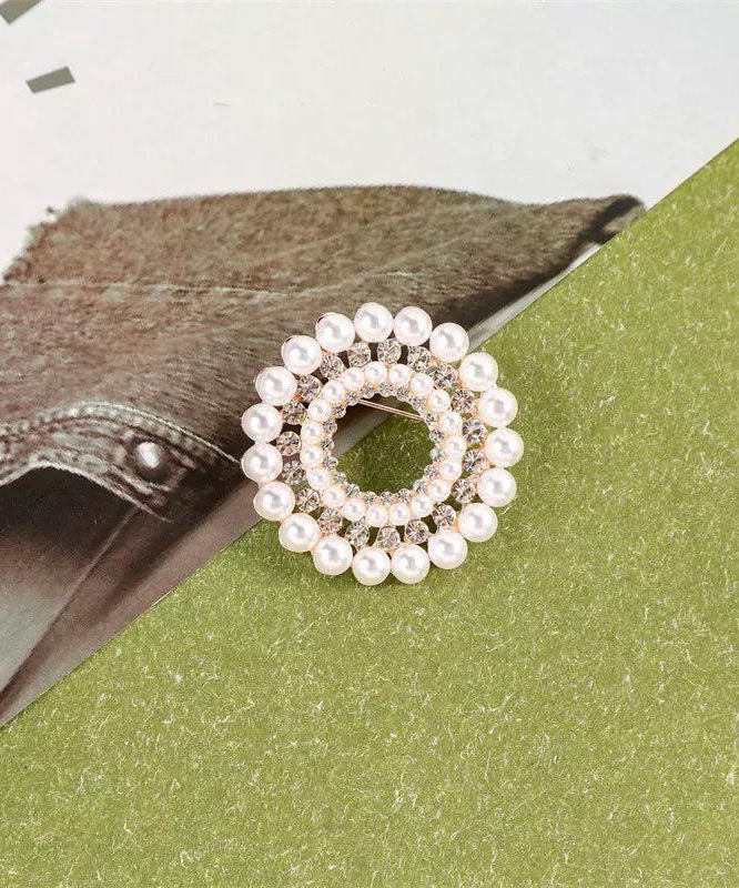 Classy White Alloy Pearl Zircon Floral Brooches