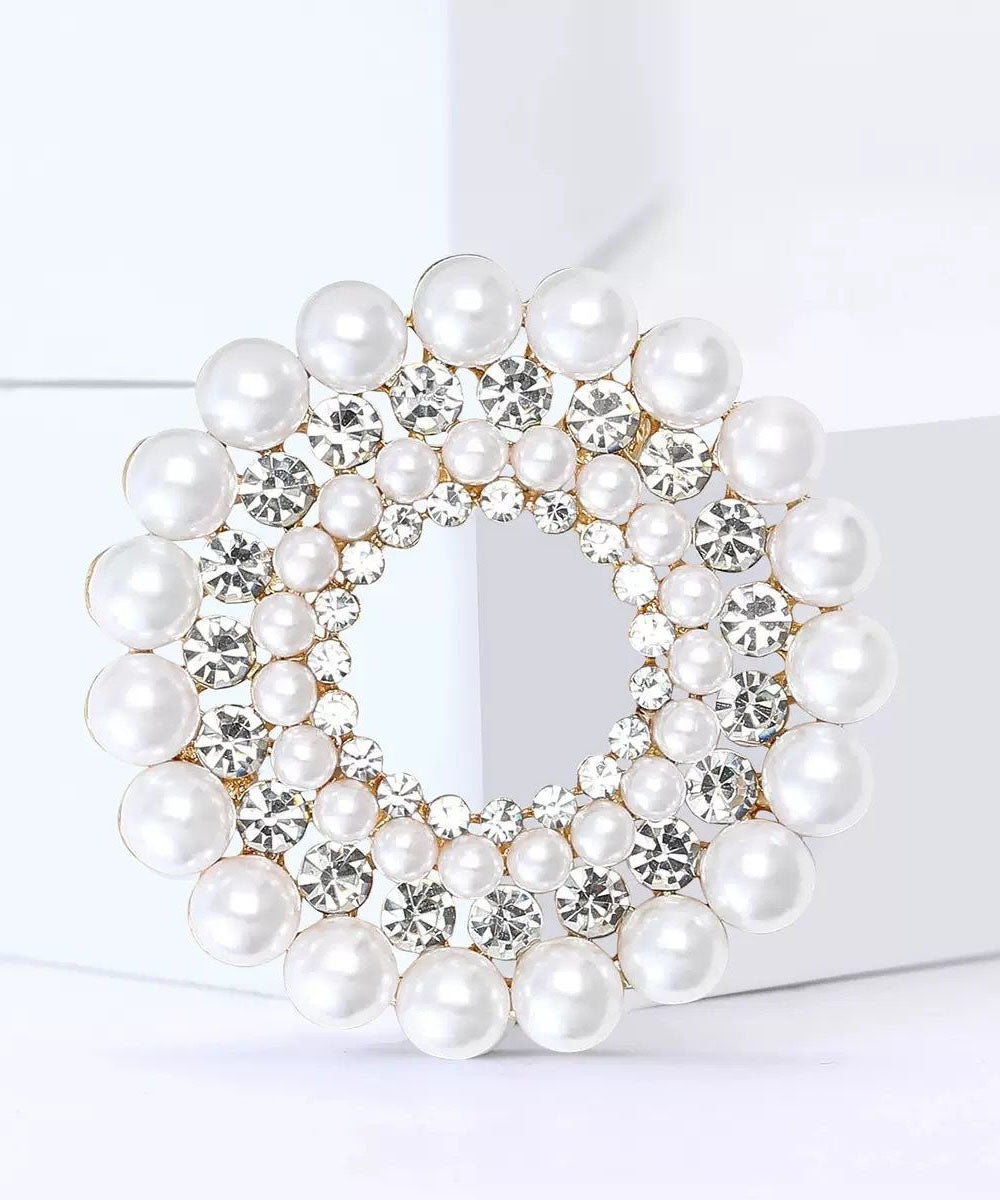 Classy White Alloy Pearl Zircon Floral Brooches