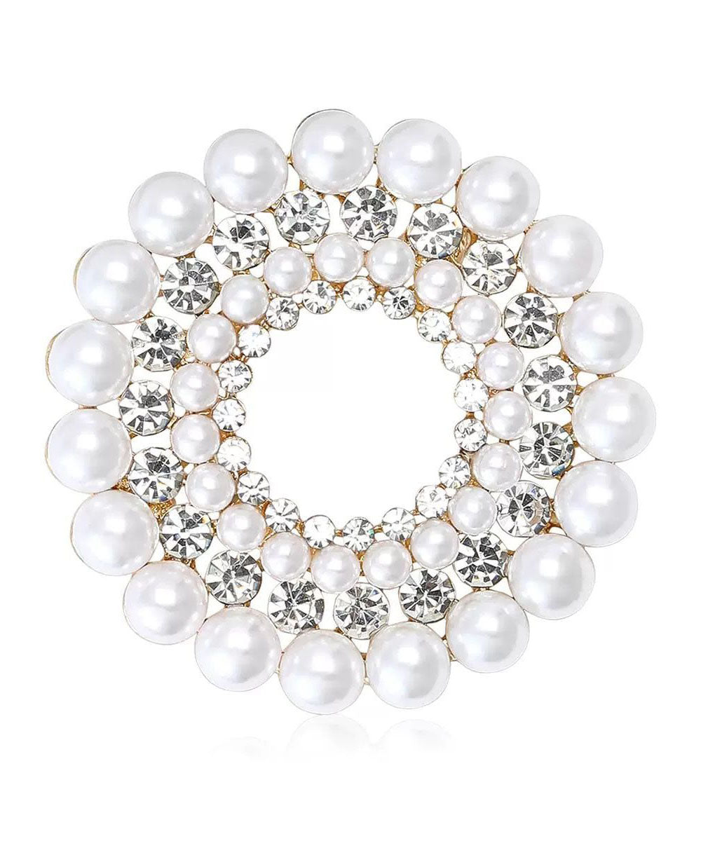 Classy White Alloy Pearl Zircon Floral Brooches