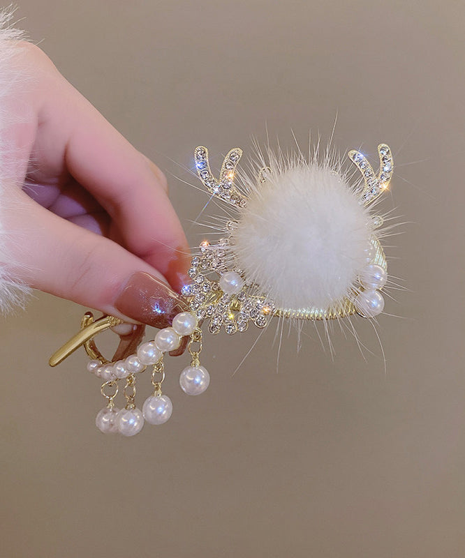 Classy White Alloy Zircon Pearl Fuzzy Ball Tassel Antler Hairpin