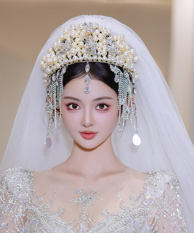 Classy White Alloy Zircon Pearl Tassel HairPiece