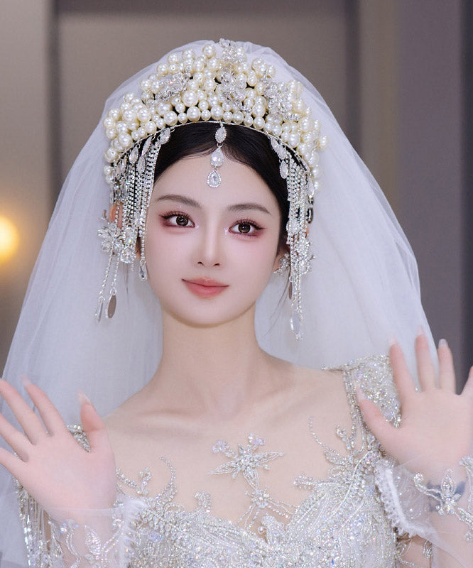 Classy White Alloy Zircon Pearl Tassel HairPiece
