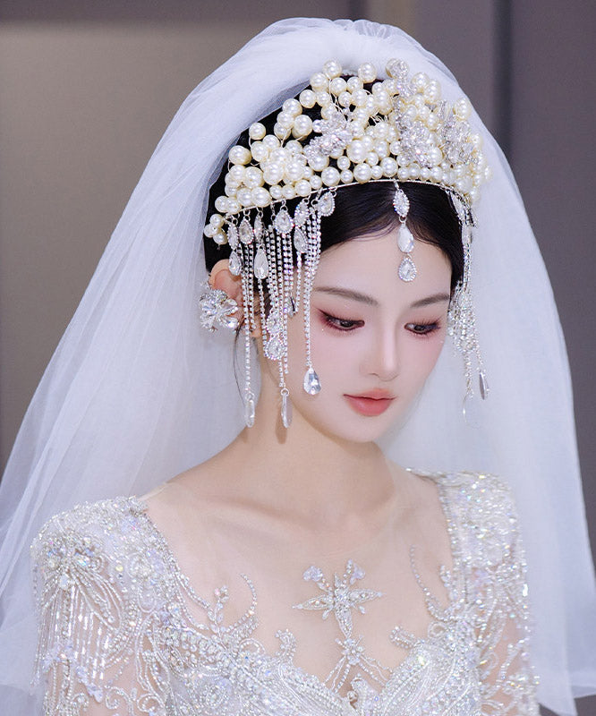 Classy White Alloy Zircon Pearl Tassel HairPiece