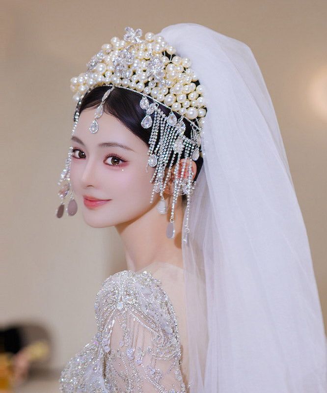 Classy White Alloy Zircon Pearl Tassel HairPiece
