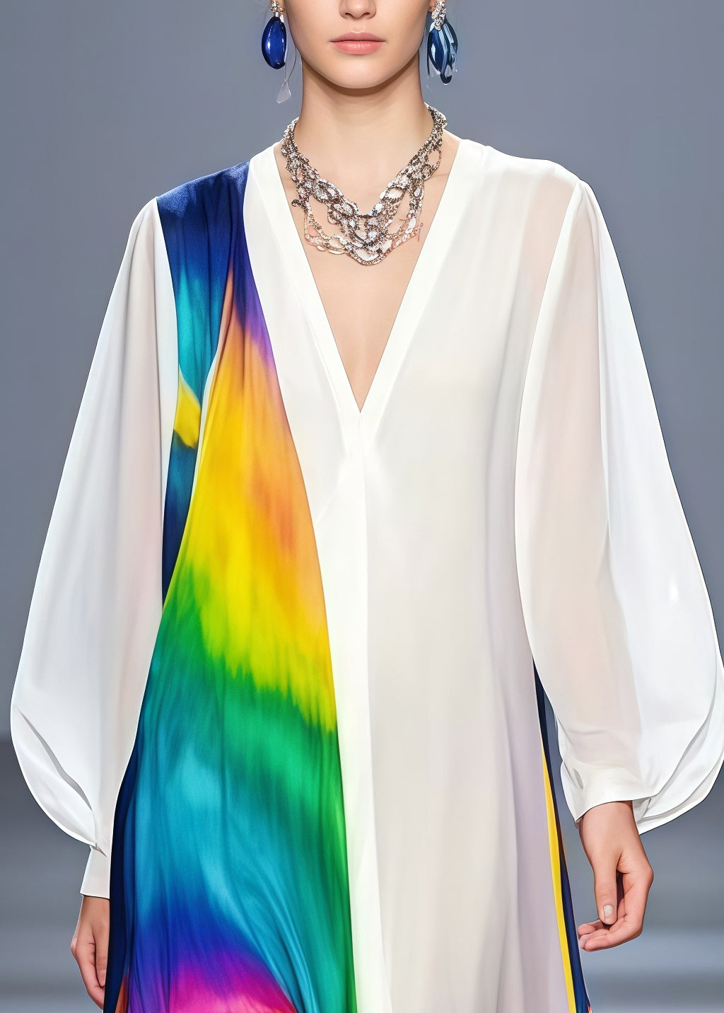 Classy White Asymmetrical Patchwork Tie Dye Chiffon Long Dress Spring
