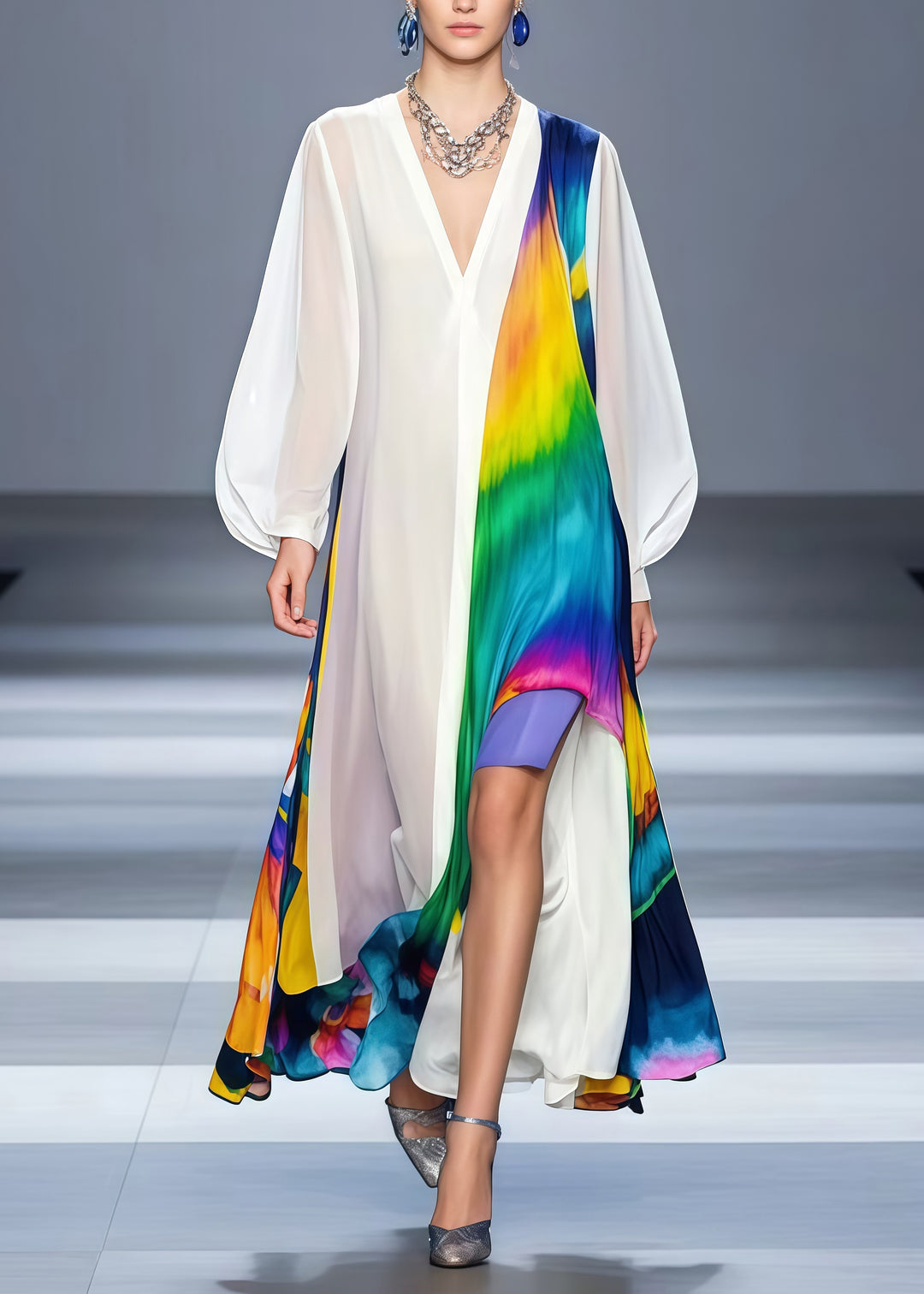 Classy White Asymmetrical Patchwork Tie Dye Chiffon Long Dress Spring