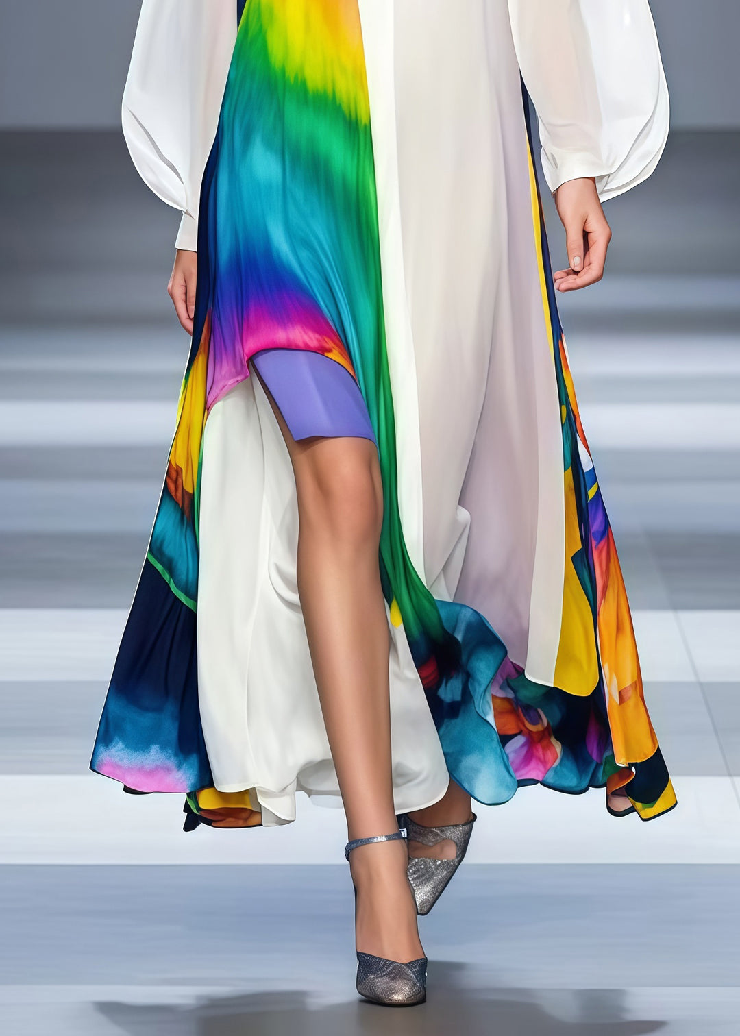 Classy White Asymmetrical Patchwork Tie Dye Chiffon Long Dress Spring