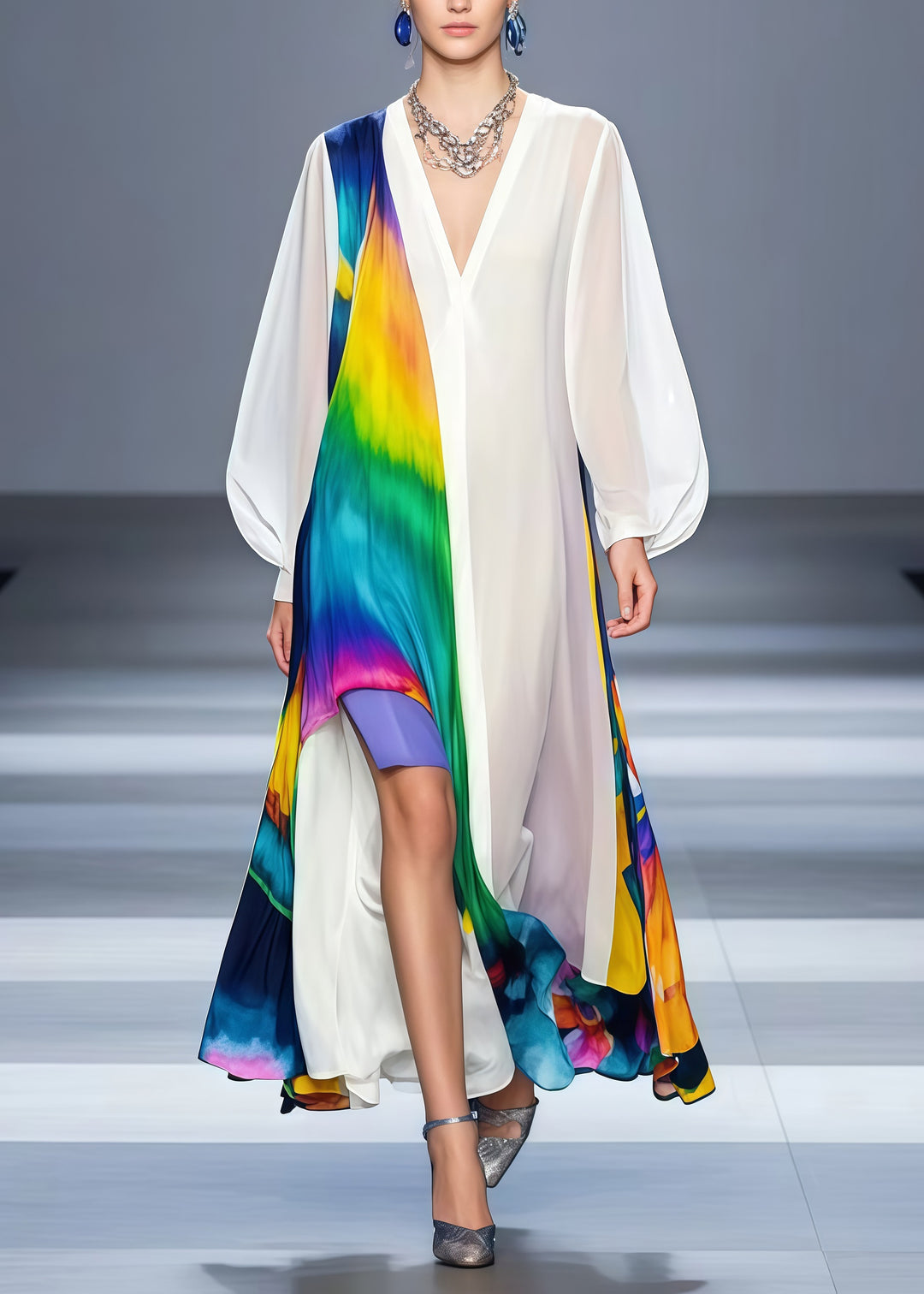 Classy White Asymmetrical Patchwork Tie Dye Chiffon Long Dress Spring