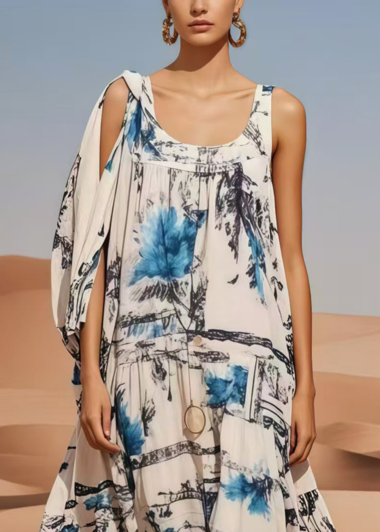 Classy White Asymmetrical Print Chiffon Maxi Dresses Summer