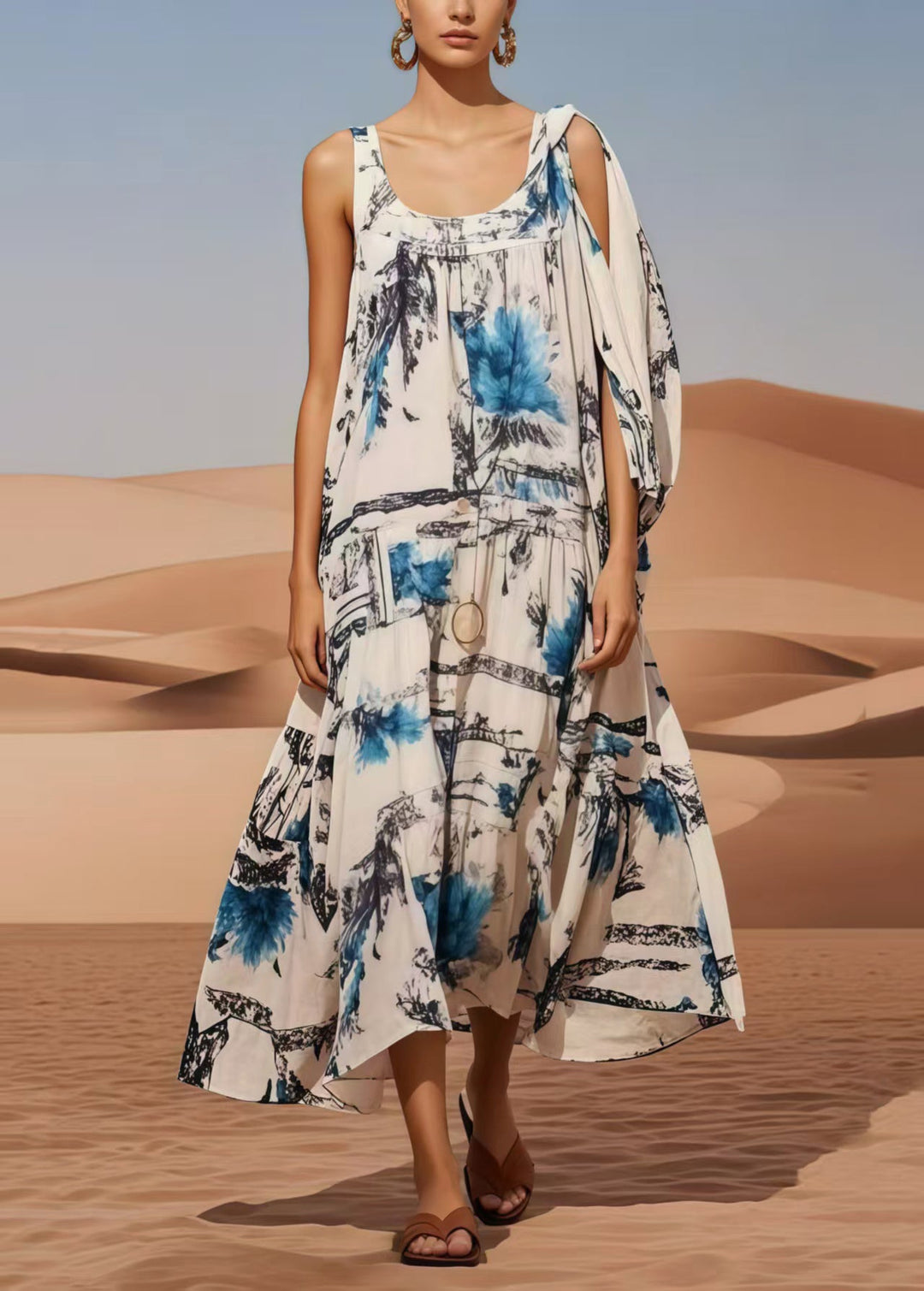 Classy White Asymmetrical Print Chiffon Maxi Dresses Summer