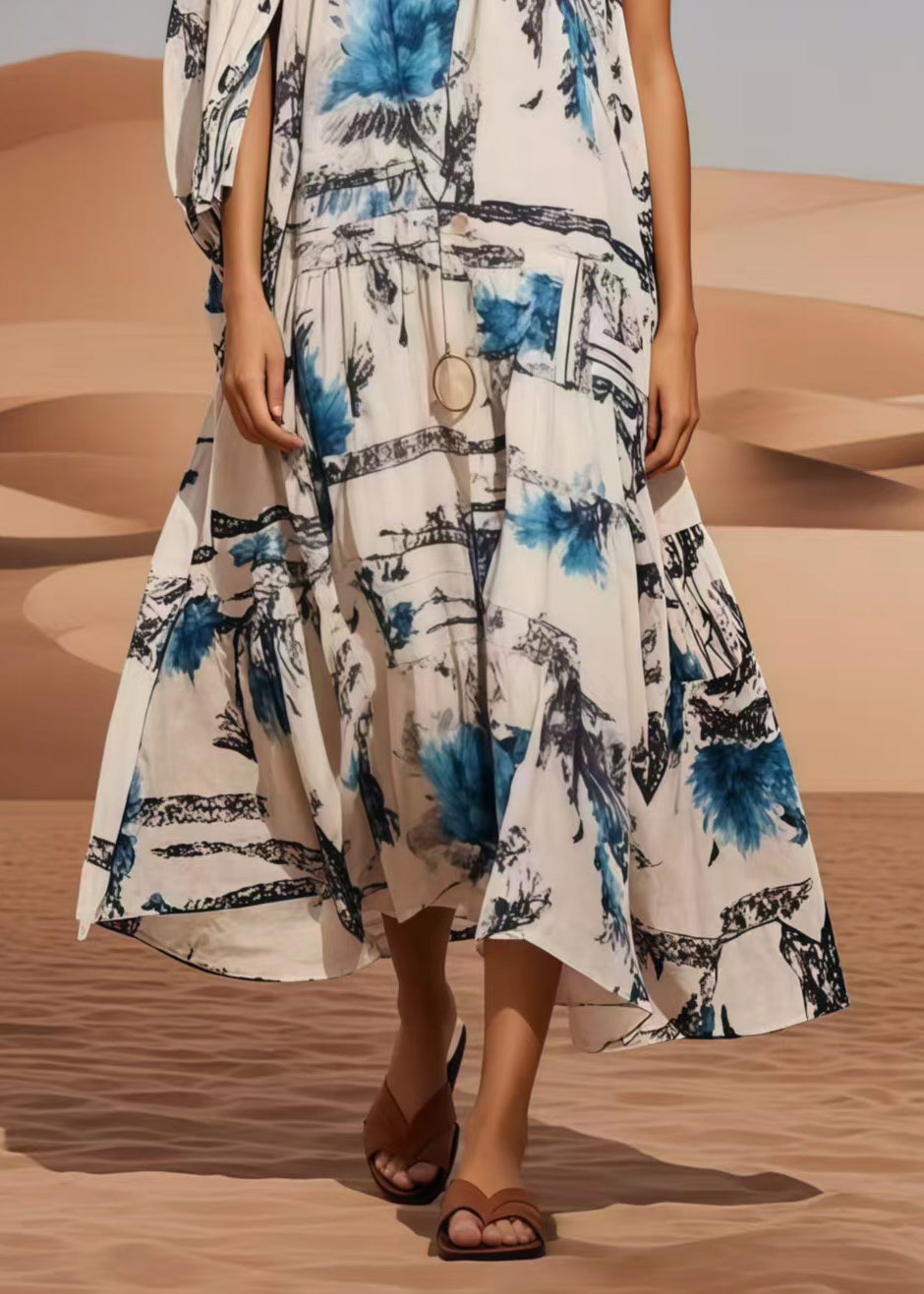 Classy White Asymmetrical Print Chiffon Maxi Dresses Summer