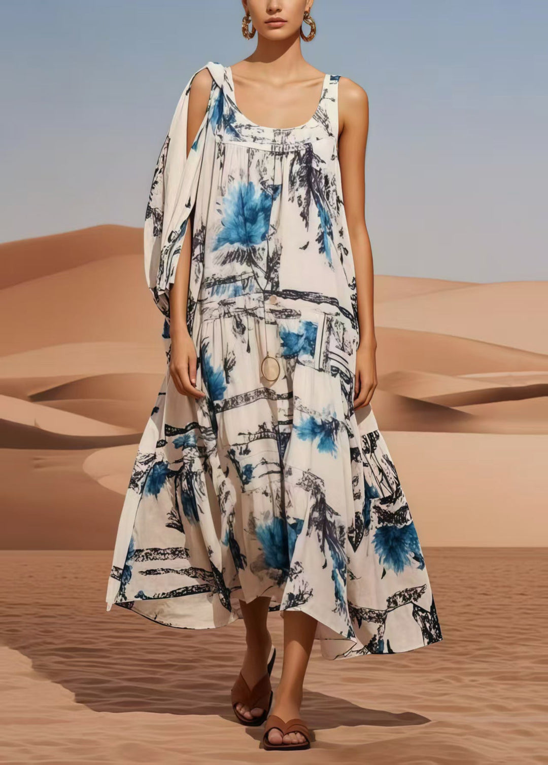 Classy White Asymmetrical Print Chiffon Maxi Dresses Summer