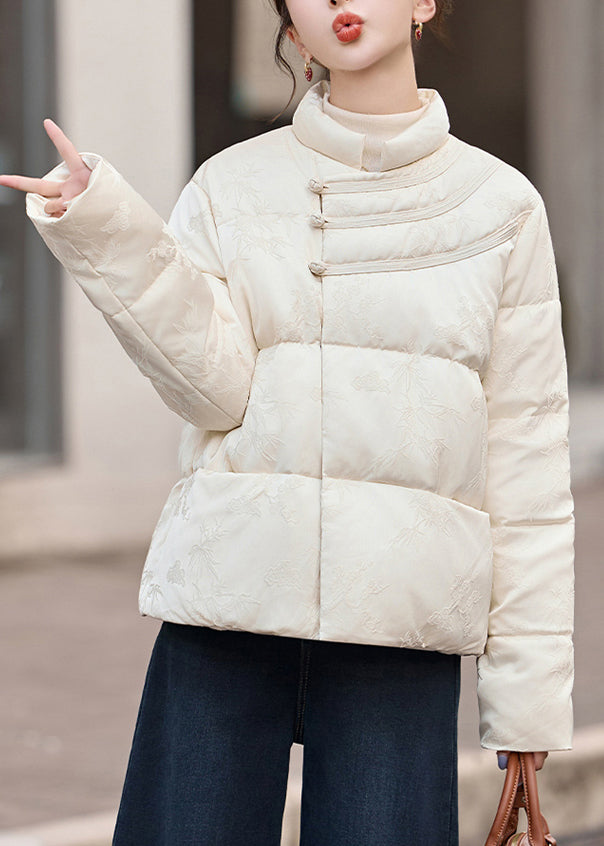 Classy White Chinese Button Jacquard Duck Down Down Coats Winter