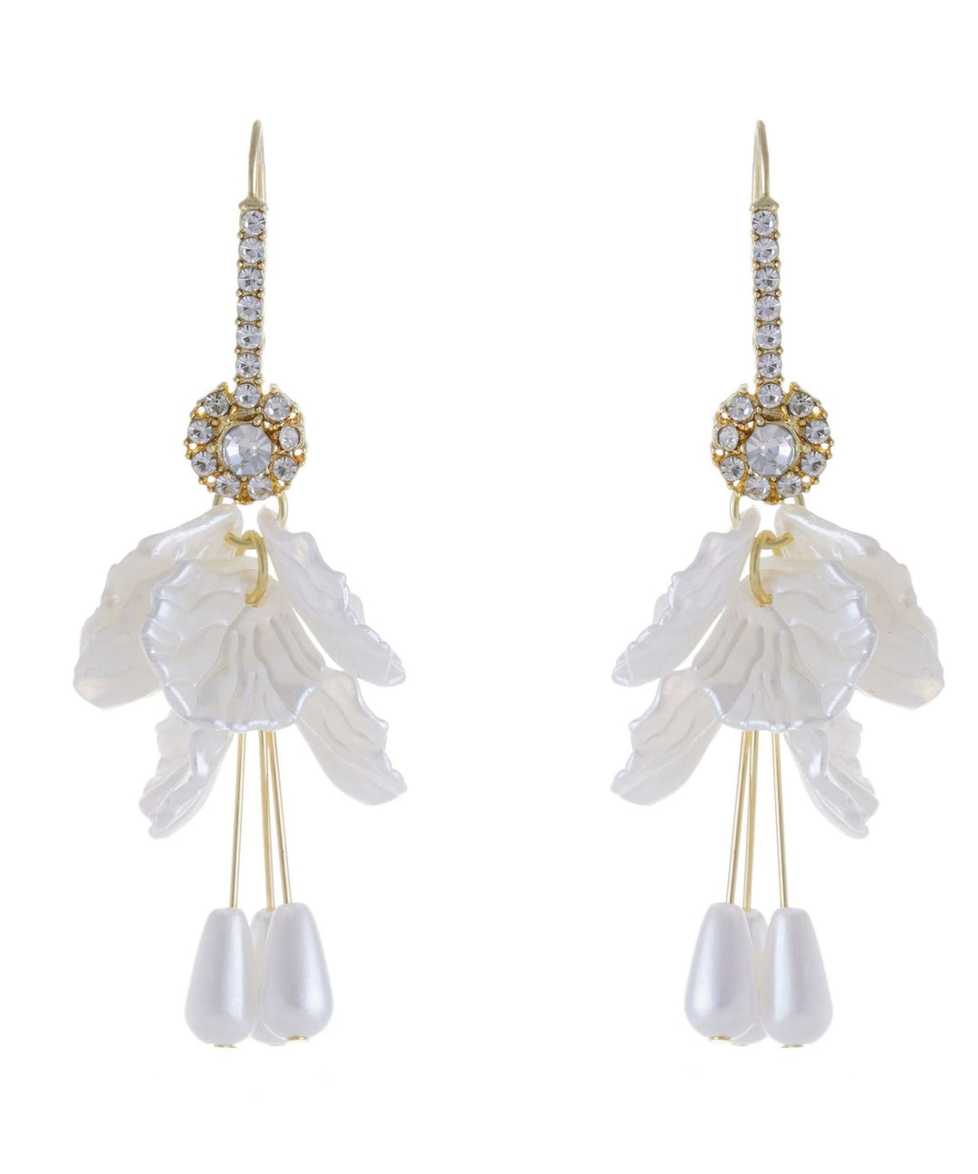 Classy White Copper Overgild Zircon Acrylic Shell Pearl Floral Tassel Drop Earrings