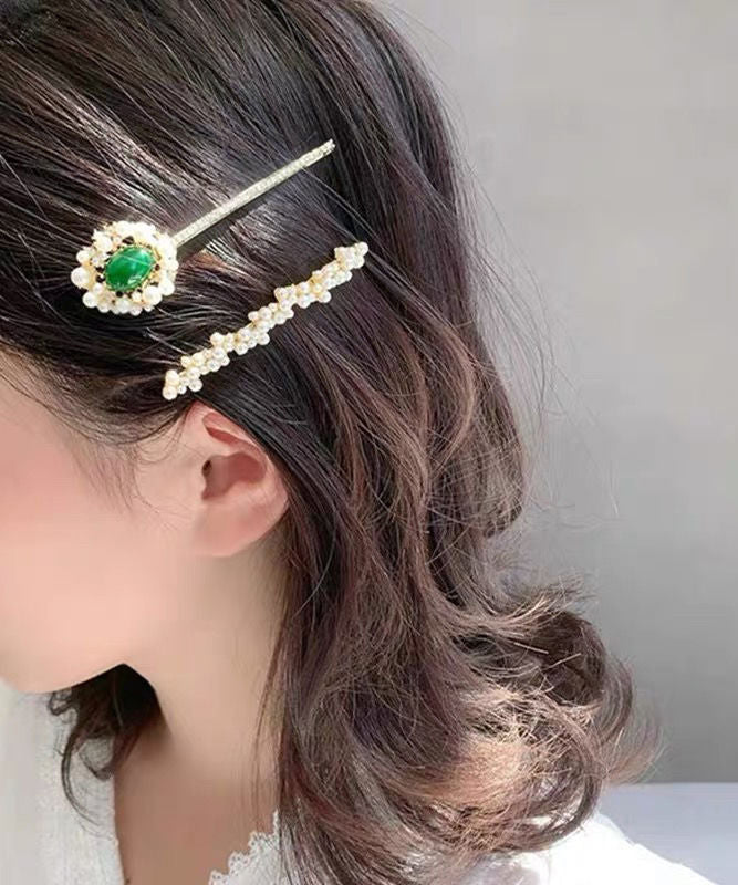 Classy White Copper Overgild Zircon Pearl Emerald Hairpin Two-Piece Set