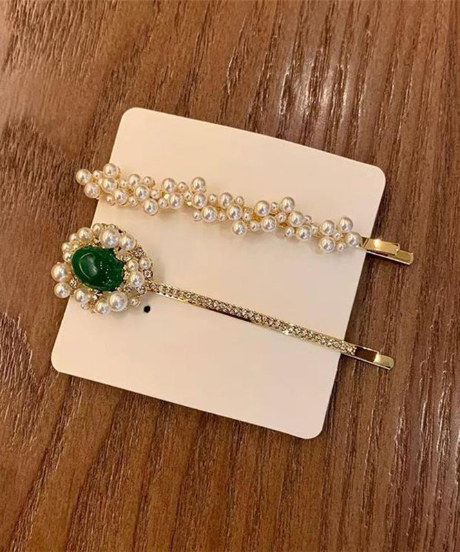 Classy White Copper Overgild Zircon Pearl Emerald Hairpin Two-Piece Set