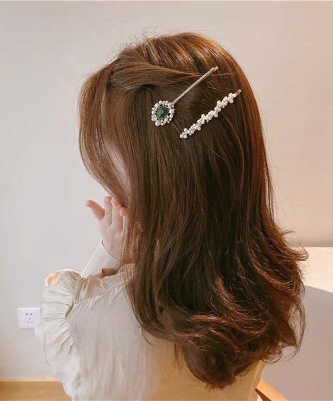 Classy White Copper Overgild Zircon Pearl Emerald Hairpin Two-Piece Set