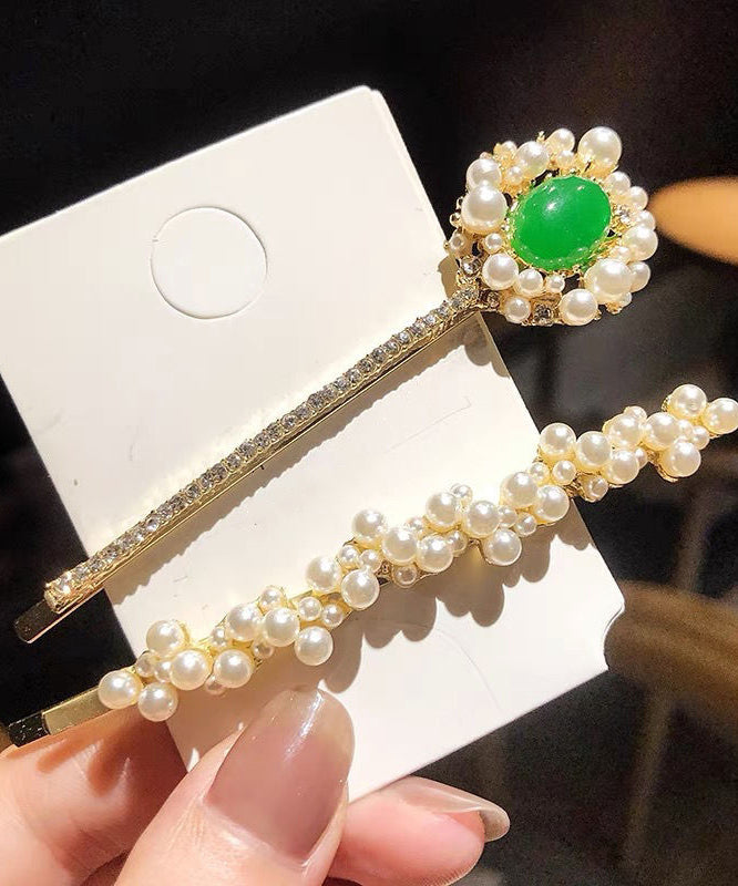 Classy White Copper Overgild Zircon Pearl Emerald Hairpin Two-Piece Set